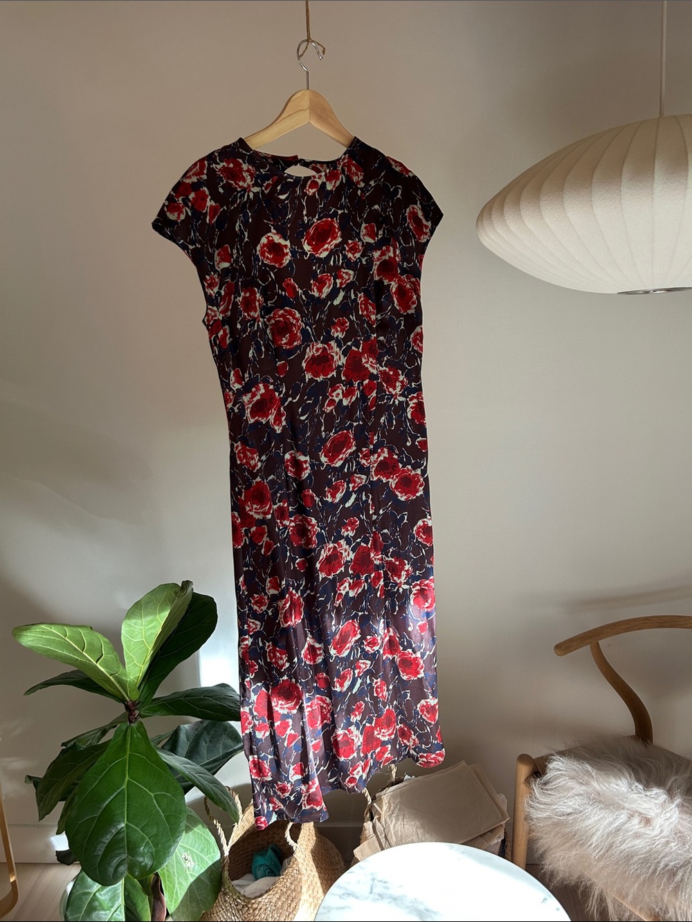 No. 6 Burgandy Midi Dress with Red Floral Pattern